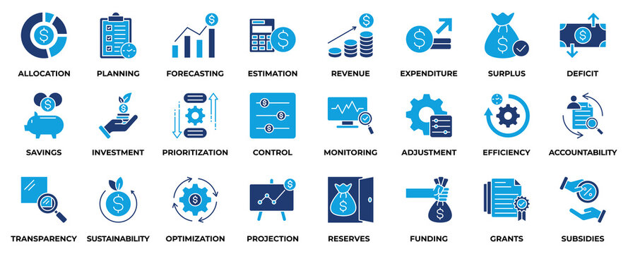 Budget Icon Set Vector Illustration. With business, planning, money management, cash flow, savings, spending, income, allocation, budgeting, cost estimate and more. Icon Collection Set Solid Style.