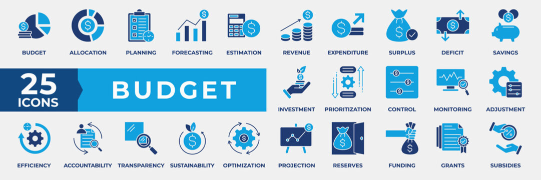 Budget icon collection set . Containing business, planning, money management, cash flow, savings, spending, income, allocation, budgeting, cost estimate and more. Simple flat blue vector illustration.