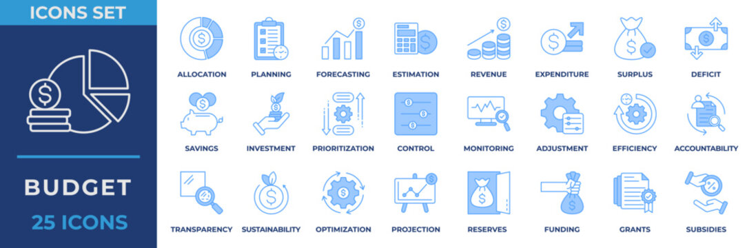 Budget icon set. Containing business, planning, money management, cash flow, savings, spending, income, allocation, budgeting, cost estimate and more. Blue vector icons collection.