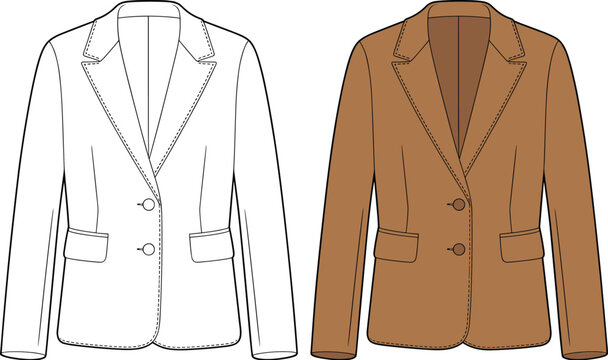 Flat vector blazer illustration, tailored jacket, technical fashion sketch, lapel pocket design
