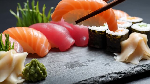 Close-Up of Delicious Sushi Platter With Salmon, Tuna, and Maki Rolls Being Picked Up With Chopsticks