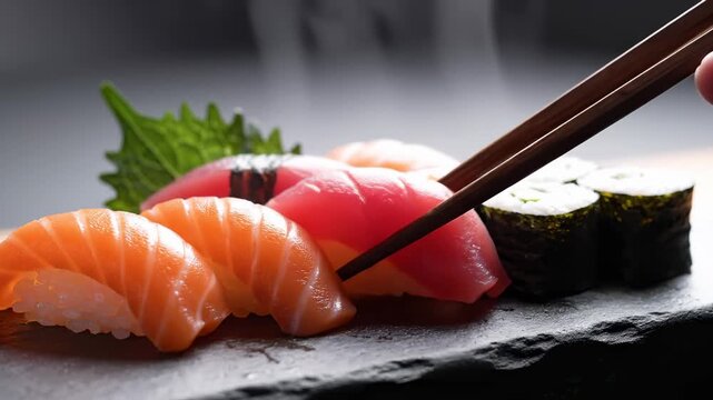 Close-Up of Delicious Sushi Platter With Salmon and Tuna Nigiri and Maki Rolls