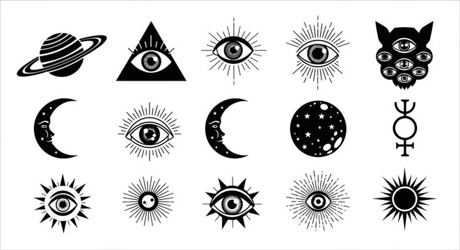 Black and white occult symbols collage.