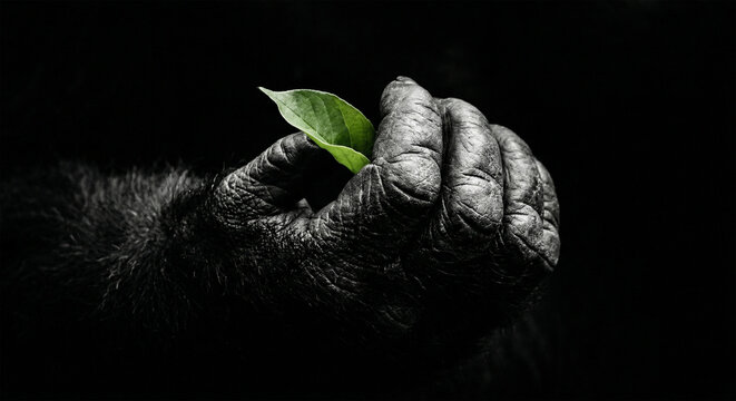 A dramatic black and white studio-style photograph of a mountain gorilla&rsquo;s hand gently holding a bright green leaf. Intense Chiaroscuro lighting, deep black shadows, and bright highlights emphasizing 