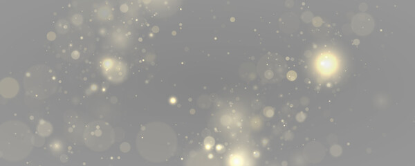 Fototapeta premium Yellow sparkling dust drifts through light with shimmer, glitter. Bokeh highlights, lens flare, stardust particles twinkle. Festive sparkle, magical flare sparks, subtle glare enrich PNG illustration.