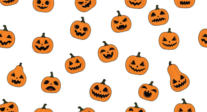 Many Halloween pumpkins with different carved faces scattered on surface