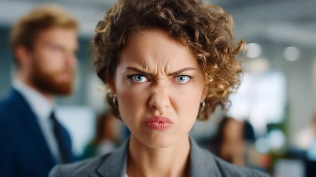 A Frustrated Woman in a Modern Office Environment Displaying Strong Emotions of Anger and Discontent with Curly Hair and Intense Blue Eyes