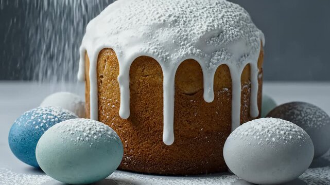 Easter Cake With Icing and Decorated Eggs, Powdered Sugar Falling in Slow Motion