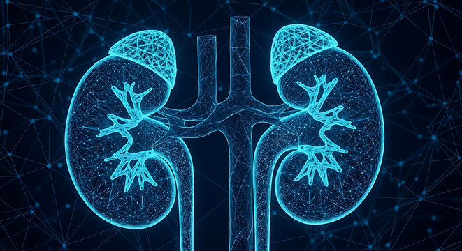 The Human Kidneys A Detailed 3D Wireframe Medical Illustration Showing Their Structure and Function