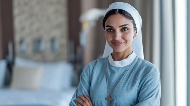 Serene Portrait: A peaceful and dignified individual, donned in traditional religious attire, exudes tranquility and a gentle, welcoming aura, radiating inner peace and unwavering faith.