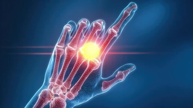 Hand Anatomy Illustration: A detailed, artistic representation of a human hand reveals the intricacies of its skeletal structure and potential areas of inflammation and pain.