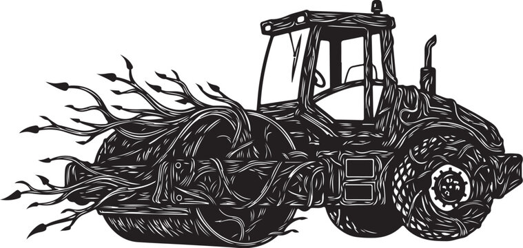 Black silhouette of a tractor pulling a root remover