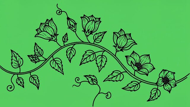 A beautiful black and white illustration of a blooming vine with delicate flowers and leaves, set against a vibrant green background, perfect for decorative and artistic purposes