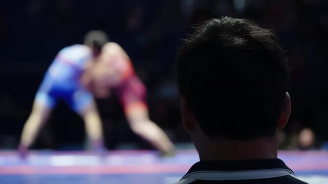 Referee s-eye view of two wrestlers in blue and red battling on a lit mat, motion-blurred across opening and closing frames, capturing intensity, strategy, and speed indoors.