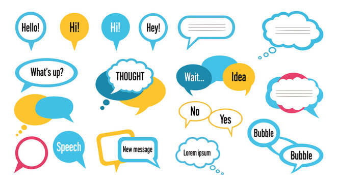 Collection of various colorful speech bubbles and thought clouds with text