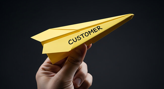 Hand launching a yellow paper airplane with 'CUSTOMER' text, symbolizing business focus and client engagement strategy