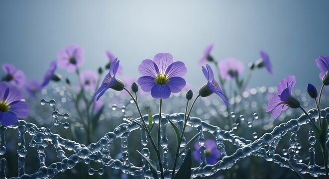 Close-up of purple wildflowers with dewdrops and DNA strands, representing scientific research, genetic engineering, and biotechnology concepts