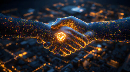 Obraz premium Futuristic handshake digital partnership technology agreement virtual cooperation innovation concept glowing network cyber security blockchain business trust cityscape background Futuristic