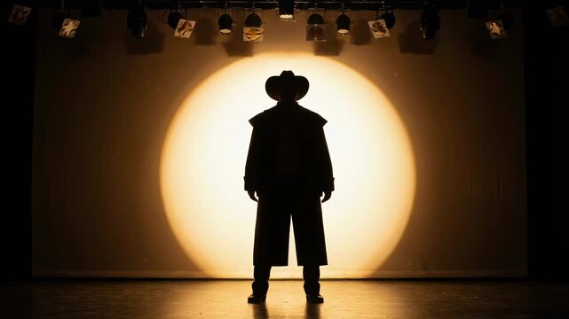 Mysterious silhouette of a person standing on a stage. Illuminated by a bright theatrical spotlight. Creating a dramatic and captivating performance scene