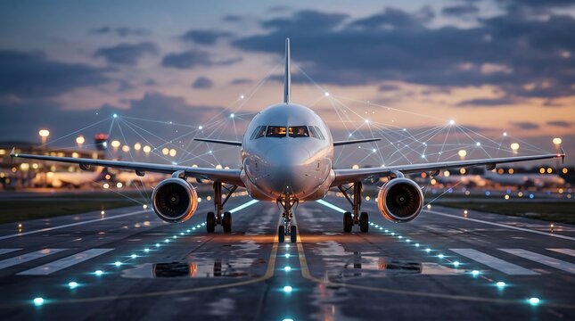 Commercial airplane on runway at dusk with digital network overlay symbolizing connectivity and technology in aviation industry