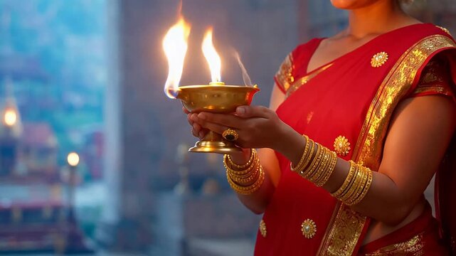 Woman in red sari holding lit brass lamp