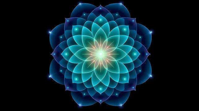 Fractal light maze complex geometric patterns mandala symmetry glowing abstract teal blue radial floral digital art meditation focus spiritual energy futuristic design illusion and harmony create