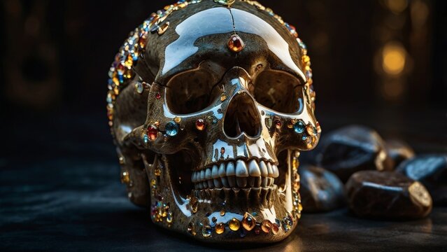 Antique skull encrusted with colorful gemstones and ritual diamonds