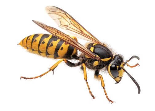 Yellow jacket wasp with white stripes and fuzzy body