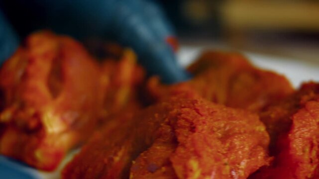Hand mixing seasoned lamb meat, detailed shot