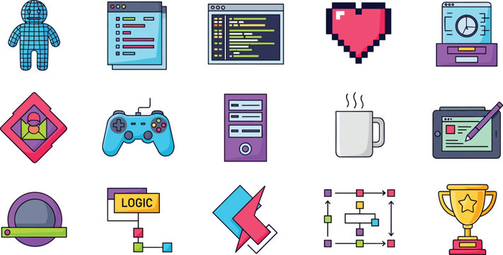 Set of 16 Technology and Programming Icons Including Code, Game Controller, Logic, Trophy, and More for Coding, Gaming, and Tech Design Projects