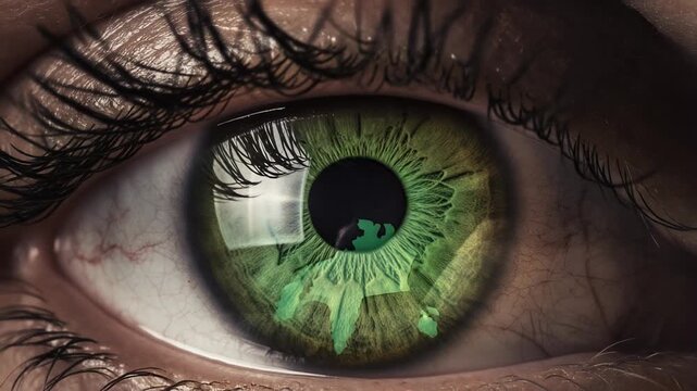 Close-up of a human eye with a brown iris transforming into green. A map reflection appears in the pupil, symbolizing global environmental change