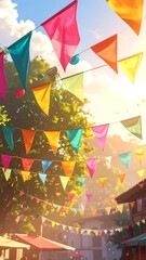 Obraz premium A colorful festive scene with triangular flags and trees