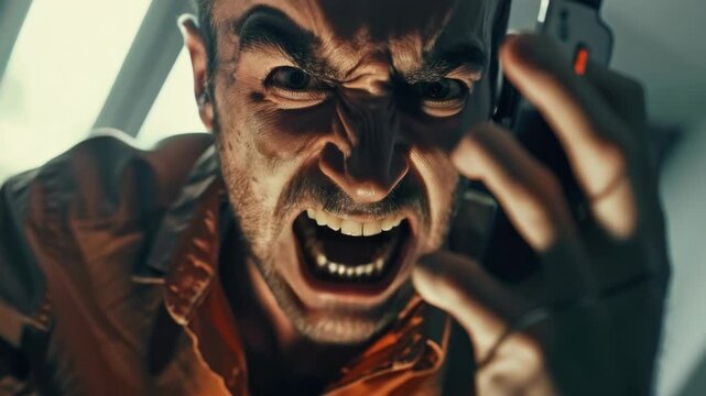Man yelling at something, possibly an intruder or threat, with a worried and frightened expression.