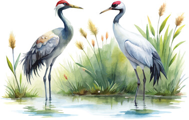 Obraz premium Watercolor Crane Painting, Wetland Bird illustration isolated on white background