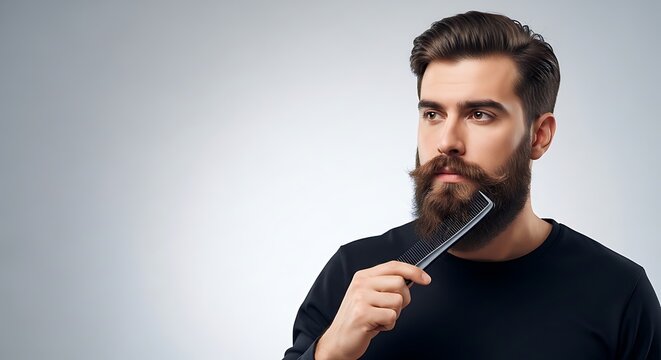 Man combing beard holding comb grooming face isolated on neutral background