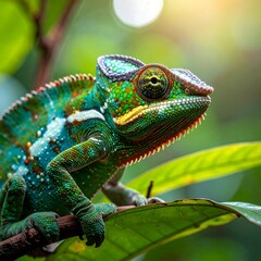 Obraz premium Close-up of a colorful chameleon perched on a leafy branch, sunlight