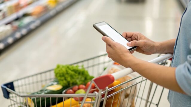 Person using smartphone while pushing shopping cart filled with groceries in a store aisle.