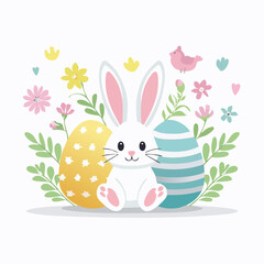 Obraz premium A cartoon Easter bunny sitting between a yellow and blue decorated egg surrounded by colorful flowers and leaves on a white background with a festive and joyful mood.