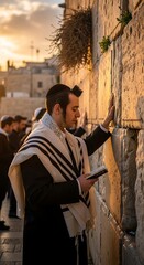 Fototapeta premium Man praying at ancient stone wall during golden hour sunset