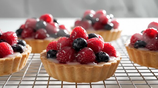 Close-Up of Fresh Berry Tarts Cooling on a Wire Rack, Delicious Dessert