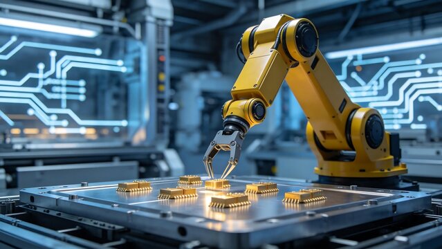 Yellow robotic arm in manufacturing setting