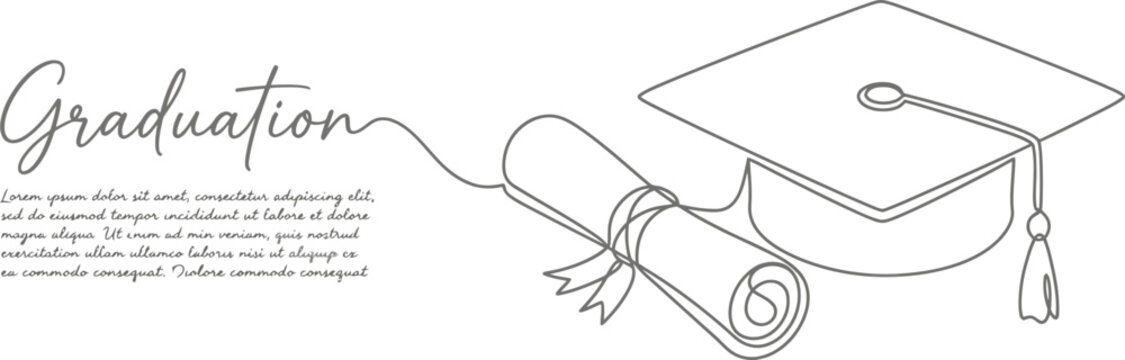 Hand drawn one line continous cap and diploma vector illustration