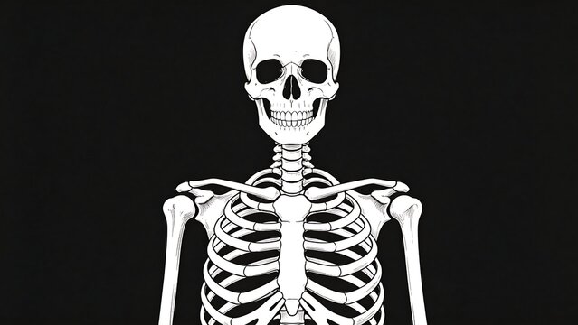 Human skeleton in white against black background
