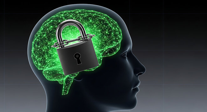 Conceptual Illustration of Human Brain with a Padlock Symbolizing Mental Privacy and Security