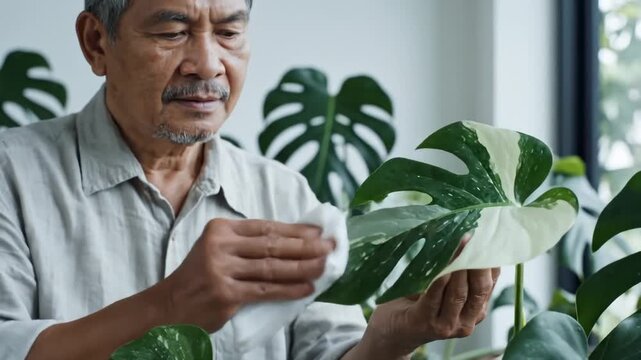 Elderly Man Gently Wiping Leaves of Variegated Monstera Plant Indoors