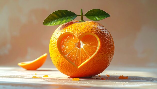 Carved orange with heart-shaped hole, leaves. Slice nearby, warm lighting