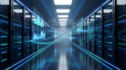 Obraz premium Data Fortress: A futuristic server room with rows of data servers, illuminated by a dynamic display of information flow, suggesting the heart of modern data management and digital infrastructure.