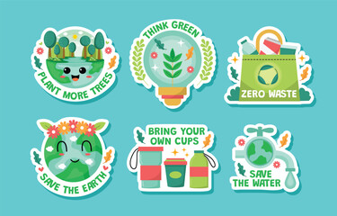 Fototapeta premium Colorful stickers promoting environmental awareness and sustainable living practices