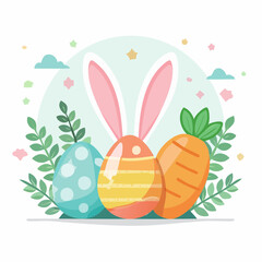 Fototapeta premium Flat illustration of Easter bunny ears with colorful eggs and carrot surrounded by leaves and decorative elements on a white background with pastel colors.