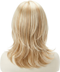 Naklejka premium A detailed view of the back of a layered blonde wig with streaks of lighter blonde highlighting the texture and style hair fashion beauty styling accessory salon hairstyle